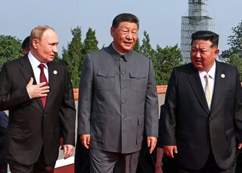 From left, Russian President Vladimir Putin, Xi and Kim at a military parade in Beijing