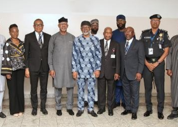 From L-R: Attorney General and Commissioner for Justice,Ondo State, Dr. Olukayode Ajulo (SAN); DG National Institute of Police Studies, Prof. Olu Ogunsakin; Senior Special Assistant to the President on Administration and Operations, Mrs Oyinade Nathan-Marsh; President Nigeria Bar Association, Mazi Afam Osigwe (SAN); Chairman NGF Committee on State Police/Governor of Ogun State, Prince Dapo Abiodun; Chief of Staff to the President, Rt. Hon. Femi Gbajabiamila; Special Assistant to the President on Legal Matters, Tomi Belgore; Attorney General of the Federation and Minister for Justice, Chief Lateef Olasunkanmi Fagbemi (SAN); Senior Special Assistant to the President on Planning and Research, Mr. Dubem Moghalu; Attorney General Lagos State and Commissioner for Justice, Mr. Lawal Pedro (SAN); Representative of Inspector General of Police, DIG Isyaku Mohammed; Director General NGF Secretariat, Dr. Adulateef Shittu; Director General Nigeria Law Reform Commission, Prof. Dakas Dakas, in a group photograph after the Inauguration of Presidential Working Group on State Policing, at the State House Abuja.