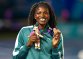 Nigerian high jumper Temitope Adeshina celebrates after securing a historic bronze medal in the women’s high jump at the Glasgow 2026 Commonwealth Games, ending Nigeria’s 72-year wait for a medal in the event
