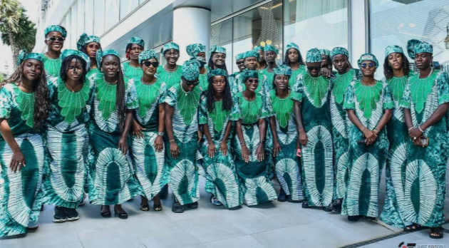 Nigeria Super Falcons women's football team arriving in Rabat, Morocco, for the 2026 Women's Africa Cup of Nations, wearing traditional green-and-white Adire outfits