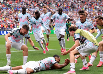 Belgium's Yuri Tillemans celebrates after scoring the winning goal that makes it 3-2 in extra time against Senegal in the 2026 FIFA World Cup Round of 32 at Seattle Stadium in the U.S.