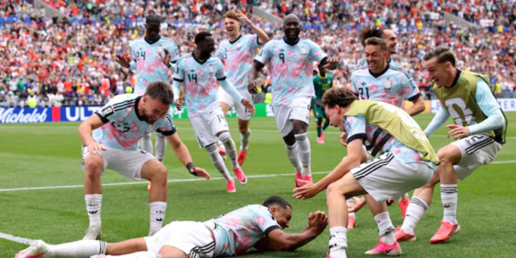 Belgium's Yuri Tillemans celebrates after scoring the winning goal that makes it 3-2 in extra time against Senegal in the 2026 FIFA World Cup Round of 32 at Seattle Stadium in the U.S.