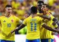 Colombia's Jhon Arias celebrates scoring their first goal with Daniel Munoz, Davinson Sanchez, James Rodriguez
