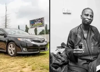The brand-new Toyota Camry donated to Oriire school Principal, Mrs. Rachael Alamu