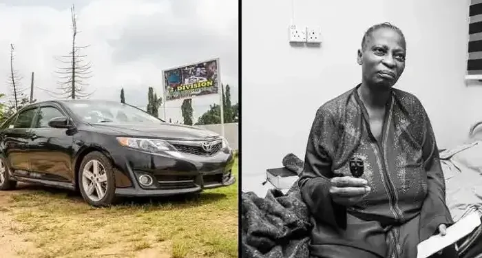 The brand-new Toyota Camry donated to Oriire school Principal, Mrs. Rachael Alamu
