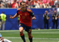 Mikel Oyarzabal celebrates the first of his two goals in Spain's win over Austria