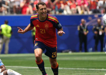 Mikel Oyarzabal celebrates the first of his two goals in Spain's win over Austria