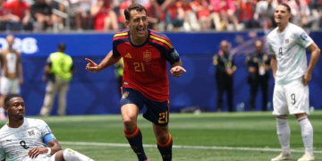 Mikel Oyarzabal celebrates the first of his two goals in Spain's win over Austria