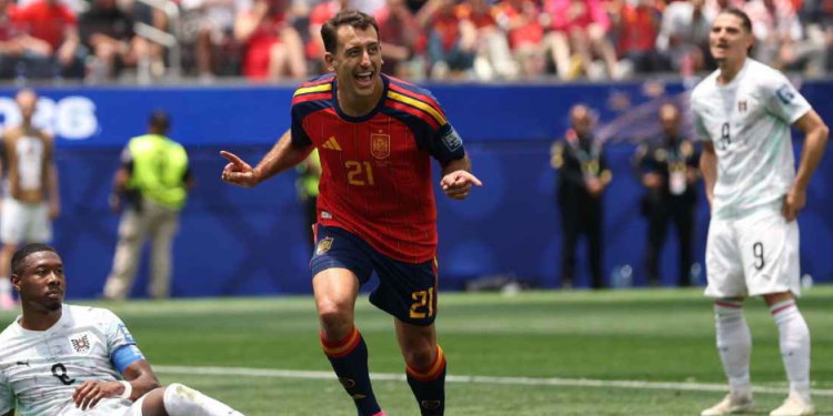 Mikel Oyarzabal celebrates the first of his two goals in Spain's win over Austria