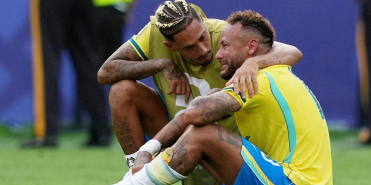 Brazil's Neymar is consoled by teammate Raphinha after Brazil's elimination from the FIFA World Cup 2026