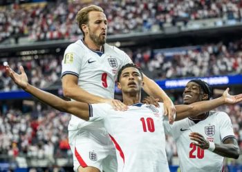 England Captain Harry Kane celebrates triumph against DR Congo with his colleagues