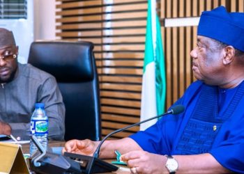 SGF, Senator George Akume with the DG, City Boy Movement Oluwatosin Shoga during a visit to his OSGF.