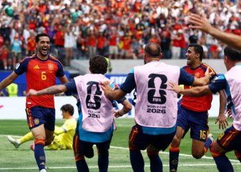 Mikel Merino jubilates after scoring winner against Belgium in Los Angeles.