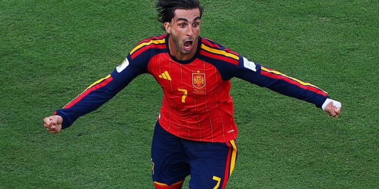 Match winner Ferran Torres wearing No 7 jersey for Spain.