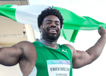 Nigerian athlete Chukwuebuka Enekwechi celebrates after winning the men’s shot put gold medal at the 2026 Commonwealth Games in Glasgow.