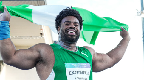 Nigerian athlete Chukwuebuka Enekwechi celebrates after winning the men’s shot put gold medal at the 2026 Commonwealth Games in Glasgow.