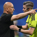 Egypt's head coach Hossam Hassan speaks with French referee Francois Letexier during the 2026 World Cup round of 16 football match between Argentina and Egypt at Atlanta Stadium in Atlanta on July 7, 2026