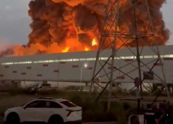 Massive fire engulfs warehouse after a reported Ukrainian drone strike near St. Petersburg