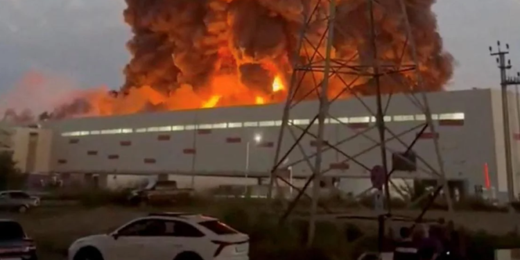 Massive fire engulfs warehouse after a reported Ukrainian drone strike near St. Petersburg
