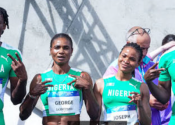 Team Nigeria’s mixed 4x400m relay quartet, Edidiong Udo, Esther Joseph, Samuel Ogazi and Patience Okon-George celebrate their record-setting feat at the Glasgow 2026 Commonwealth Games.