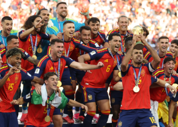 Spain's midfielder #16 Rodri lifts the trophy with his teammates after winning the 2026 World Cup football tournament final match between Spain and Argentina at the New York/New Jersey Stadium in East Rutherford on July 19, 2026
