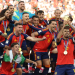 Spain's midfielder #16 Rodri lifts the trophy with his teammates after winning the 2026 World Cup football tournament final match between Spain and Argentina at the New York/New Jersey Stadium in East Rutherford on July 19, 2026