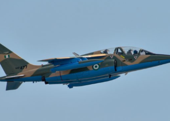 A Nigerian Air Force Alpha Jet is pictured during an aerial operation as the NAF carries out precision airstrikes targeting ISWAP fighters in the Sambisa Forest area of Borno State.
