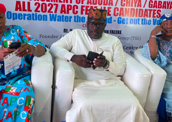 APC FCT Chairman Ishaku Yamawo speaks at the unveiling of Project 4+4 for Tinubu/Shettima 2027 during a political gathering in Abuja