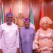 President Bola Ahmed Tinubu poses with the newly sworn-in Head of the Civil Service of the Federation, Abel Olumuyiwa Enitan, his wife, Olawunmi Ololade Enitan, and immediate past Head of Service Didi Esther Walson-Jack and her husband, Nimi Wilson-Jack, after the swearing-in ceremony at the State House in Abuja.