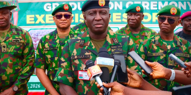 Chief of Army Staff Lt.-Gen. Waidi Shaibu addresses journalists alongside senior Nigerian Army officers during the graduation ceremony of Exercise RESTORE HOPE X in Kaduna State.