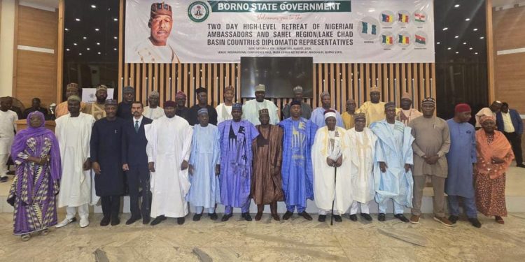Borno State Governor, Babagana Umara Zulum, with Nigerian ambassadors and diplomatic representatives from Sahel and Lake Chad Basin countries during a high-level security retreat in Maiduguri.
