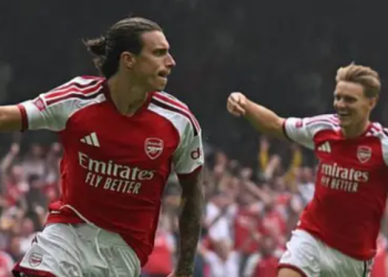 Calafiori celebrates 30 seconds goal against Man City in Community Shield clash.
