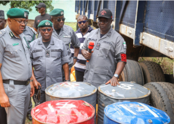 Nigeria Customs Service officers display seized items intercepted during anti-smuggling operations in Adamawa and Taraba states.