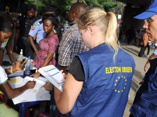 EU election observers monitor proceedings at a polling unit during the 2023 general elections, as the bloc confirms it will deploy a smaller Electoral Expert Mission of two to four independent experts for the 2027 polls.