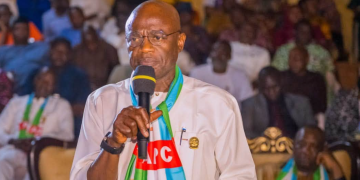Benue State Governor, Hyacinth Alia, speaks during a Town Hall Meeting with residents and stakeholders in Oju/Obi Federal Constituency, where he announces plans to revive the Igumale Cement Factory, upgrade the College of Education, Oju, and complete the ongoing Oju-Awajir Road project.