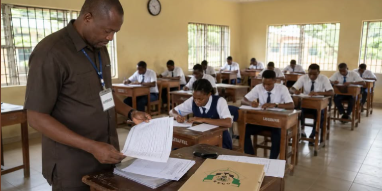 An invigilator supervises students writing an examination in a classroom