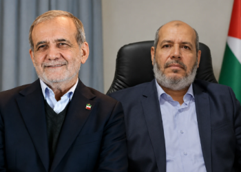Iranian President Masoud Pezeshkian and newly elected Hamas leader Khalil al-Hayya as Tehran reaffirms support for Hamas amid Trump’s Gaza disarmament plan.