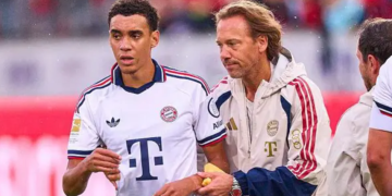 Jamal Musiala had to be helped off the pitch eight minutes after coming on as a substitute on Tuesday