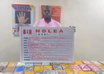 Social media influencer and businessman Afolabi Kazeem Michael, popularly known as KC Luxury, is paraded by the NDLEA over alleged involvement in an international cocaine trafficking network.