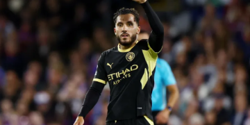 Manchester City's Rayan Cherki celebrates scoring their third goal