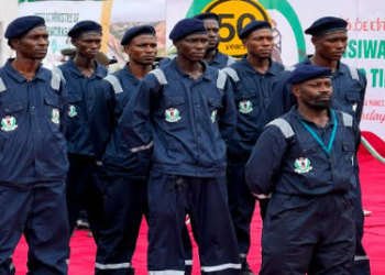 Members of the newly launched Coastal Highway Guards during their deployment to protect the Lagos-Calabar Coastal Highway from vandalism, illegal occupation and other unauthorized activities.