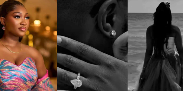 Meraiah Ekeinde showcases her engagement ring in a romantic beach-themed photo collage following her engagement announcement.