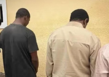 Police officers parade four suspects allegedly linked to an organ harvesting and human trafficking syndicate uncovered in Auta Balifi, Karu Local Government Area of Nasarawa State.