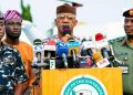 Governor Dapo Abiodun, with heads of security agencies, addressing the press after the rescue of Gateway Polytechnic students.