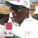 Senator Francis Fadahunsi speaks to supporters during a protest at the palace of the Owa Obokun of Ijesaland in Ilesa, Osun State, ahead of the state governorship election.