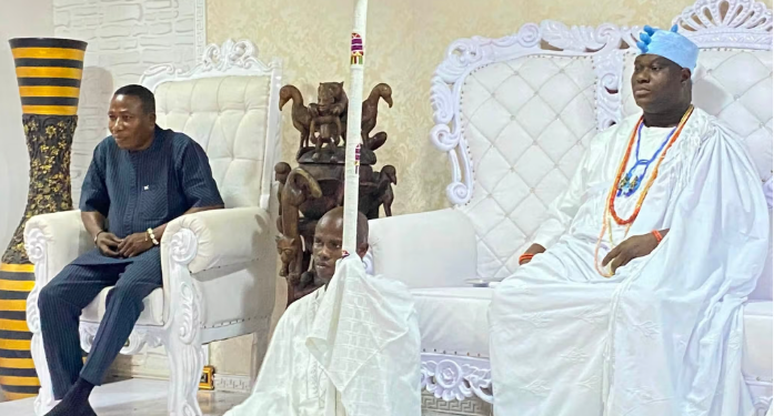 Founder of Iru Ekun Security Network, Chief Sunday Adeyemo, popularly known as Sunday Igboho (left), with the Ooni of Ife, Oba Enitan Ogunwusi (right), during a meeting to discuss security and ways to sustain peace and communal stability across the South-West region.