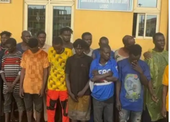 The suspects arrested over the alleged vandalism of the newly constructed Festac-Alakija Bridge in Lagos, paraded by security officials following a midnight enforcement operation.