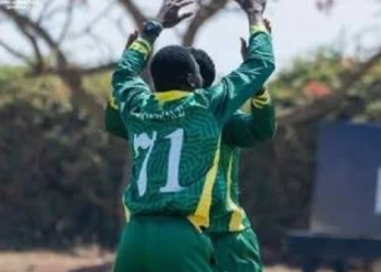Two Nigeria U-19 cricketer in a green and yellow jersey raises arms in celebration during a match.