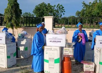 Rescued Chibok girls during their vocational skills graduation ceremony in Yola, Adamawa State. The 18 beneficiaries receive entrepreneurship grants and starter packs to support their transition into self-reliance.