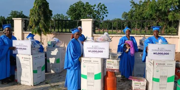 Rescued Chibok girls during their vocational skills graduation ceremony in Yola, Adamawa State. The 18 beneficiaries receive entrepreneurship grants and starter packs to support their transition into self-reliance.